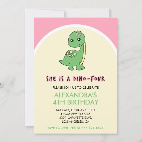 dinosaur invitations girl 4th birthday pink cute