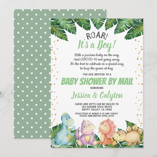 Dinosaur It's a Boy Baby Shower By Mail Invitation (Front/Back)