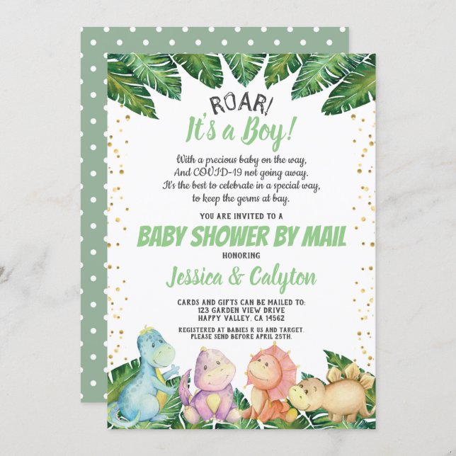 Dinosaur It's a Boy Baby Shower By Mail Invitation (Front/Back)