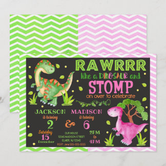 Dinosaur Joint Birthday Invitation for Boy & Girl
