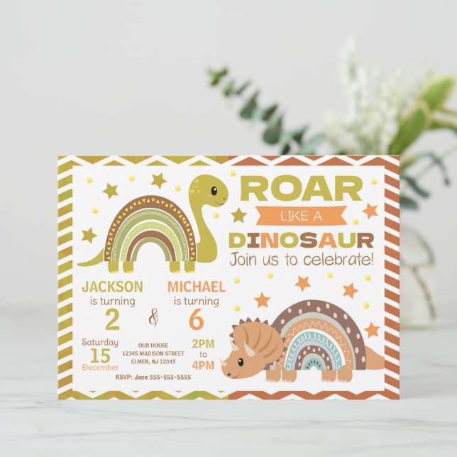 Dinosaur Joint Birthday Invitation for Siblings (Standing Front)