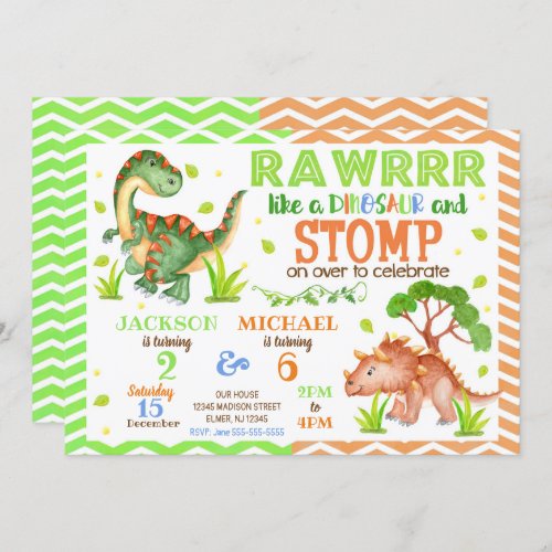 Dinosaur Joint Birthday Invitation for Siblings