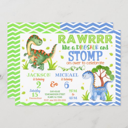 Dinosaur Joint Birthday Invitation for Siblings