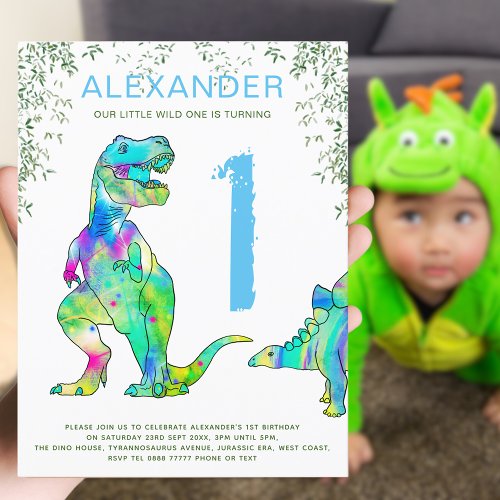 Dinosaur jungle 1st Birthday Party Budget blue Invitation Postcard