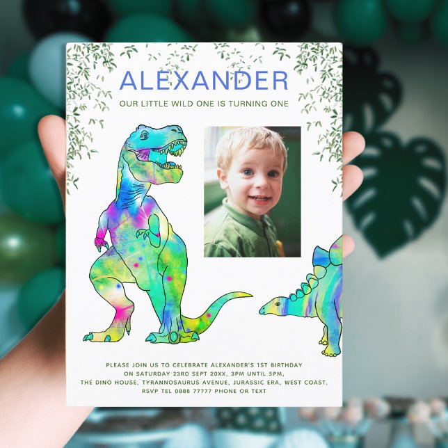 Dinosaur jungle 1st Birthday Party photo Budget Invitation Postcard (Wild one dinosaur T-Rex 1st birthday party budget invitation postcard with photo template)