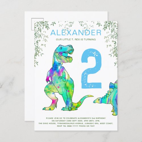 Dinosaur jungle 2nd Birthday Party Blue Invitation Postcard