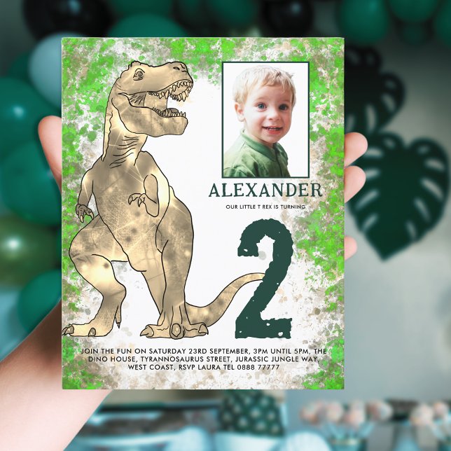 Dinosaur Jungle 2nd Birthday Party Photo ( T-Rex dinosaur 2nd birthday party budget invitation with photo template and watercolor jungle )