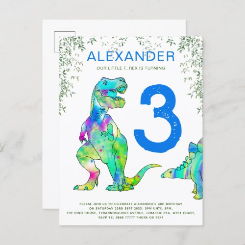 Dinosaur jungle 3rd Birthday Party Blue Invitation Postcard