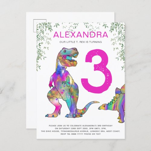 Dinosaur jungle 3rd birthday Party pink budget Invitation Postcard