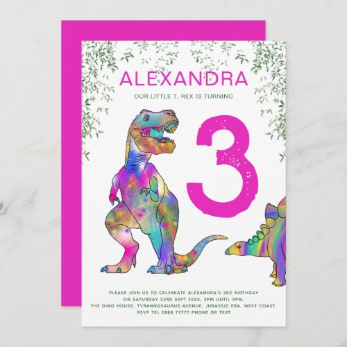 Dinosaur jungle 3rd Birthday Party pink Invitation