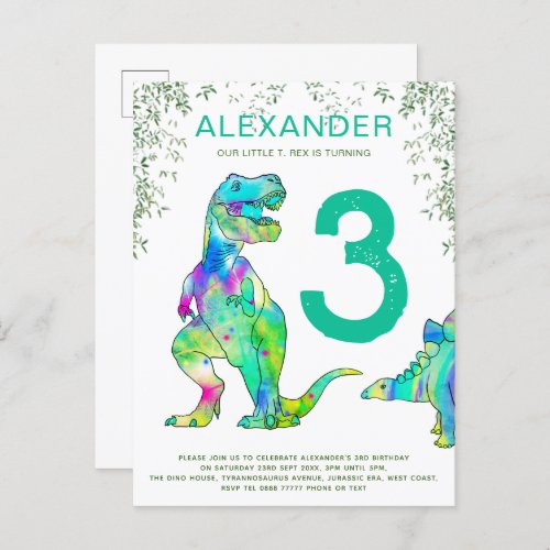 Dinosaur jungle 3rd Birthday Party teal Invitation Postcard