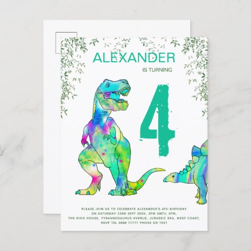 Dinosaur jungle 4th Birthday Party budget Invitation Postcard