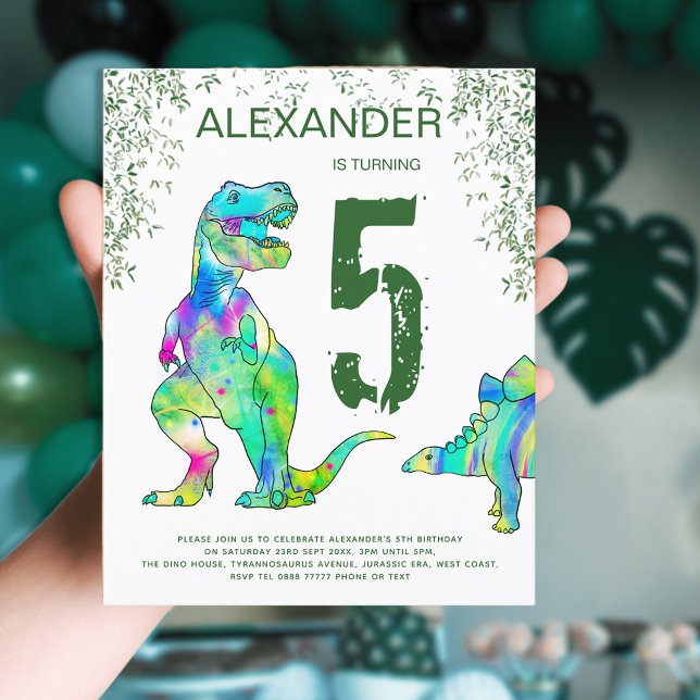 Dinosaur jungle 5th Birthday Party Budget (Dinosaur birthday party budget invitation with colorful T-Rex and stegosaurus jungle foliage)