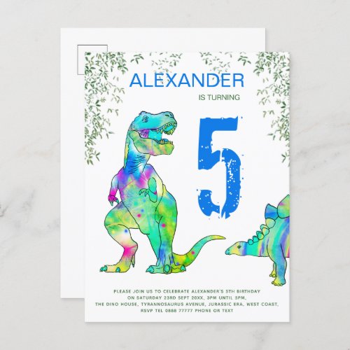 Dinosaur  jungle 5th Birthday Party budget blue In Invitation Postcard