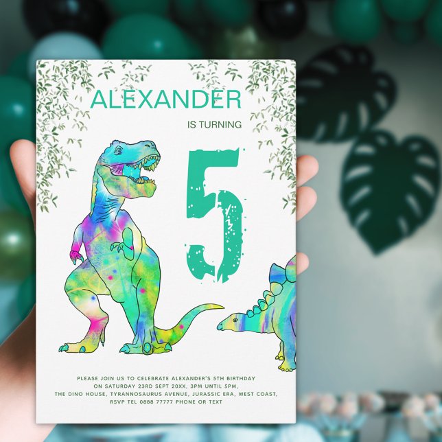 Dinosaur jungle 5th Birthday Party Invitation (Colorful dinosaur birthday party invitation )