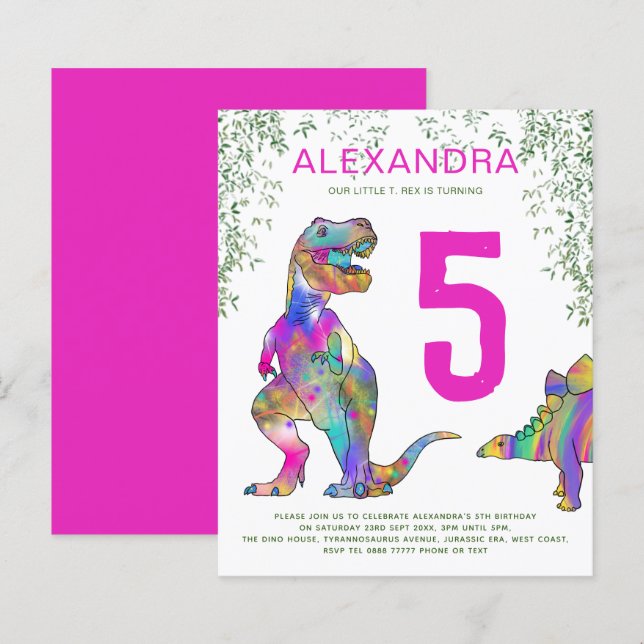 Dinosaur jungle 5th Birthday Party pink budget (Front/Back)