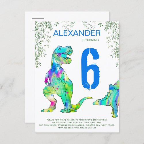 Dinosaur  jungle 6th Birthday Party budget blue Invitation Postcard