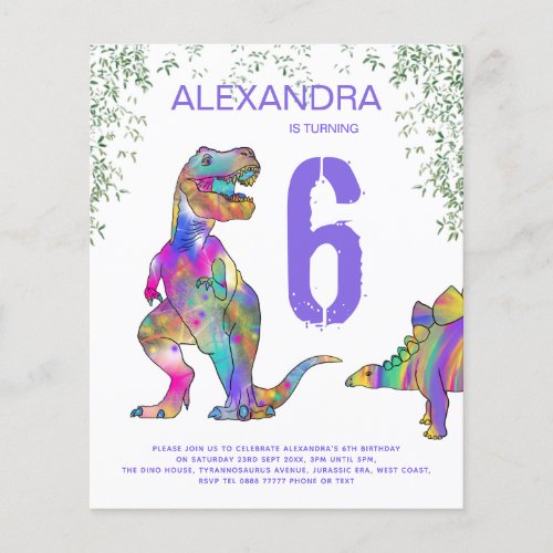 Dinosaur jungle 6th Birthday Party purple Budget Flyer