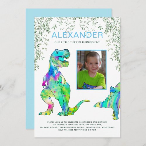 Dinosaur Jungle birthday party photo Blue Invitation