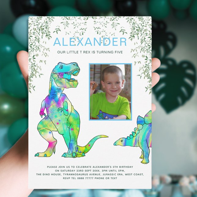 Dinosaur Jungle Birthday Party Photo Invitation (Dinosaur Jungle Photo Template 5th birthday party invitation with colorful T-Rex and stegosaurus )
