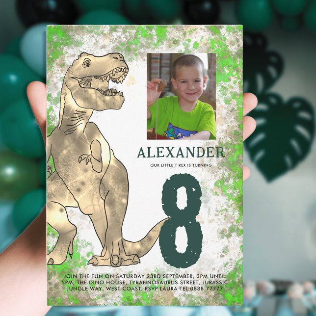 Dinosaur Jungle Birthday Party Photo Modern Invitation (T-Rex dinosaur jungle 8th birthday party invitation with photo template green and brown watercolor )