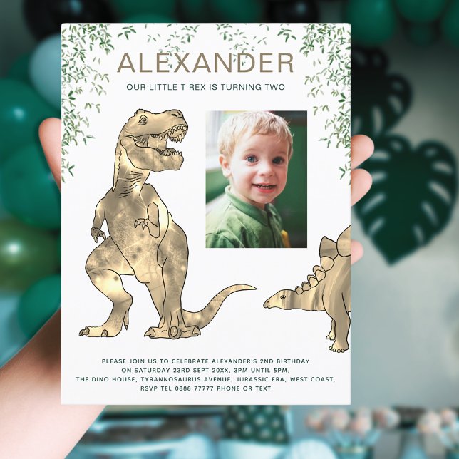 Dinosaur Jungle Boys Birthday Party Photo Invitation Postcard (Dinosaur T-Rex jungle 2nd birthday party budget invitation postcard with photo template)