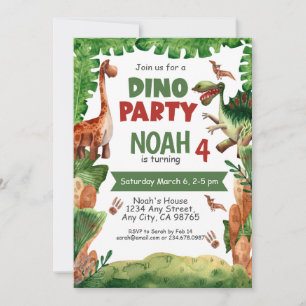 Dinosaur Jungle Leaves Fourth Birthday Party Card
