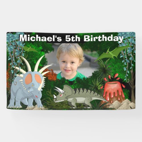 Dinosaur jungle volcano boys birthday photo banner