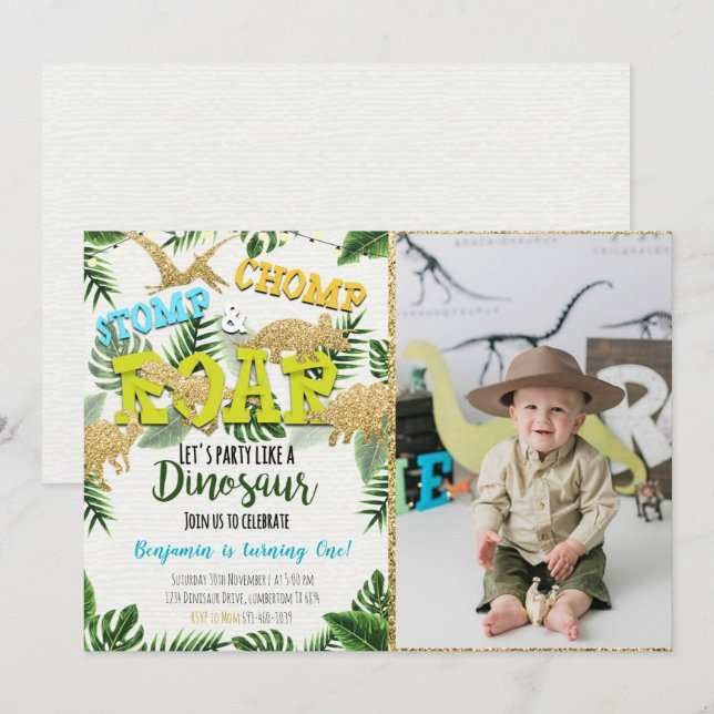 Dinosaur Jurassic Birthday Invitation With Photo (Front/Back)
