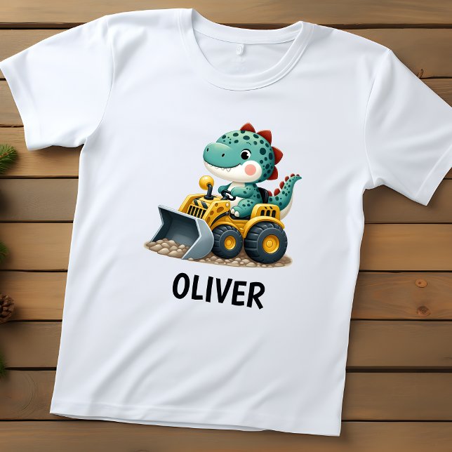 Dinosaur Kid on Yellow Construction Vehicle Baby T-Shirt (Creator Uploaded)