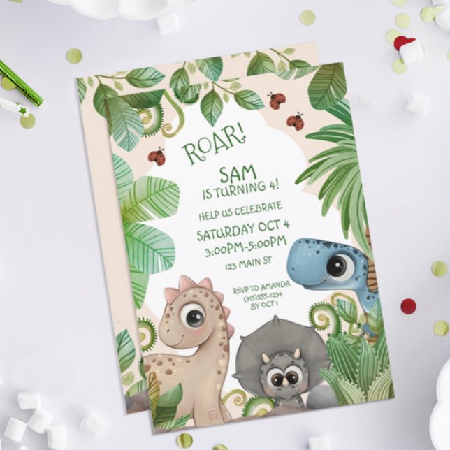 Dinosaur Kids 4th Birthday Invitation (Dinosaur Birthday Party Invitations)