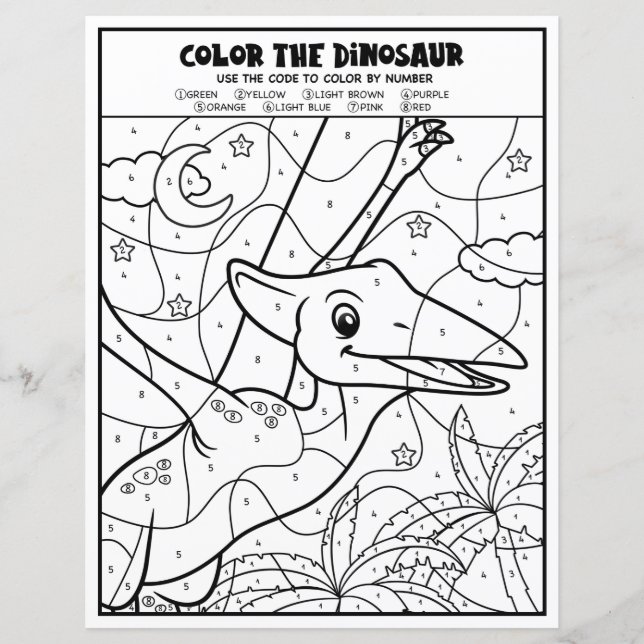 Dinosaur Kids Activity Coloring Page By Number (Front)