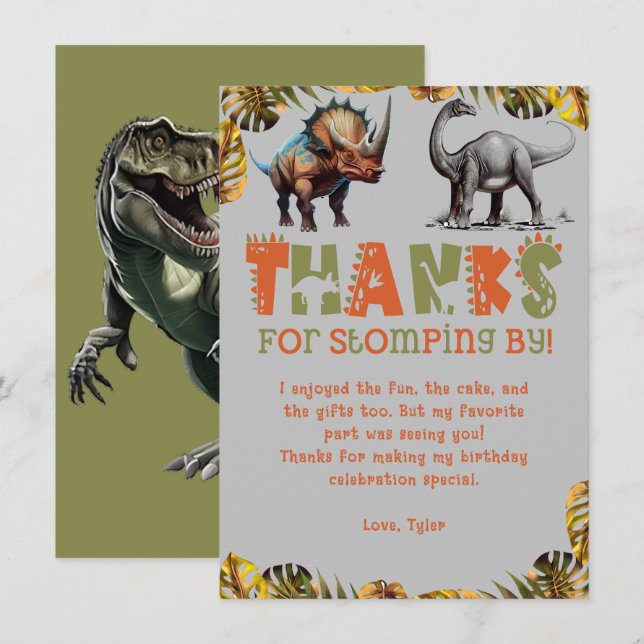 Dinosaur Kids Birthday Dino Gray Thank You Card (Front/Back)