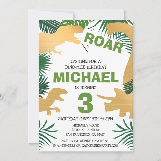Dinosaur Kids Birthday Gold Dinos Trex Boy Invitation (Front)