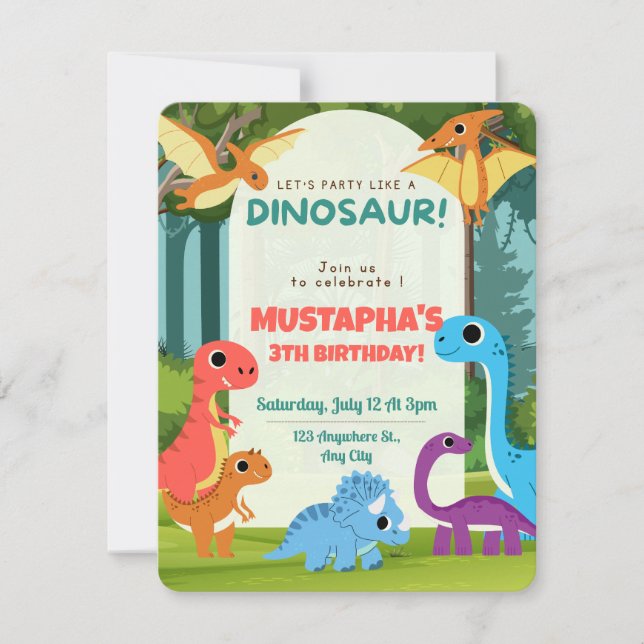 Dinosaur Kids Birthday Invitation Card (Front)