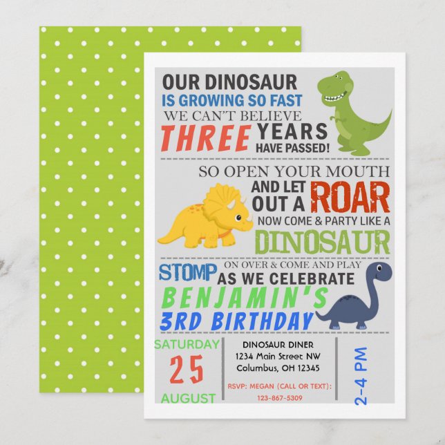 Dinosaur Kids Birthday Party Invite (Front/Back)