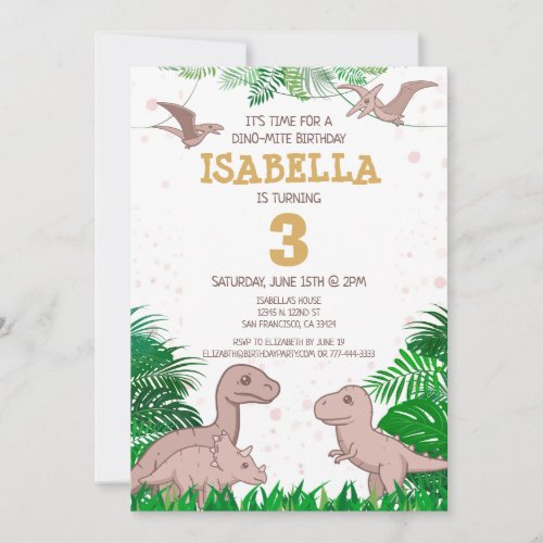 Dinosaur Kids Birthday Pink Dinos Trex Girl Invitation