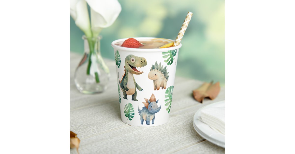 Dinosaur Kids Birthday Watercolor Paper Cups | Zazzle