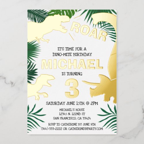 Dinosaur Kids Gold Dinos Trex Birthday Foil Invitation