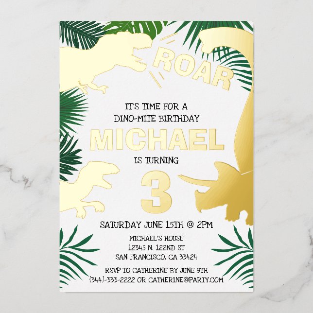 Dinosaur Kids Gold Dinos Trex Birthday Foil Invitation (Front)