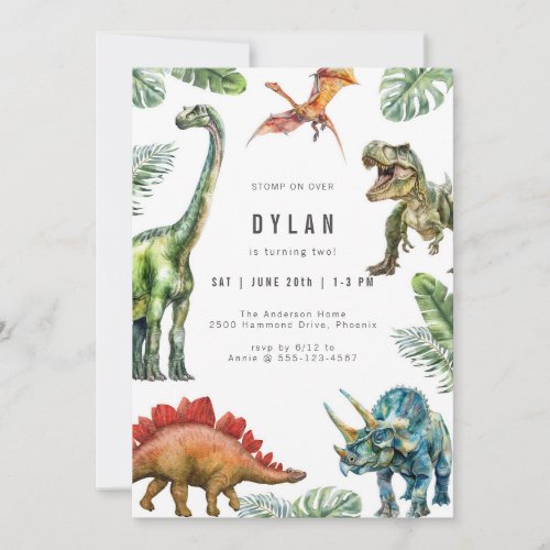Dinosaur Kids Watercolor Birthday Invitation