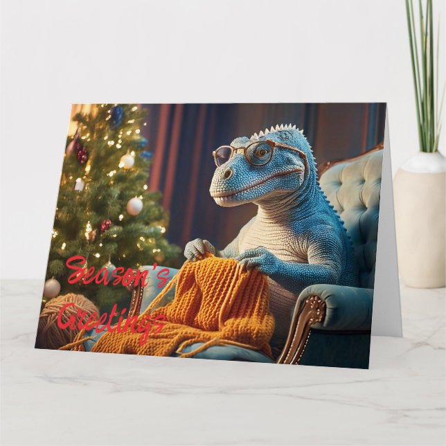 Dinosaur knitting Merry Christmas Card (Front)