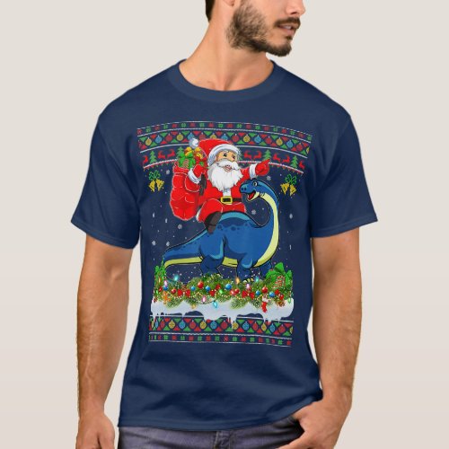 Dinosaur Lover Xmas Ugly Santa Riding Brontosaurus T_Shirt