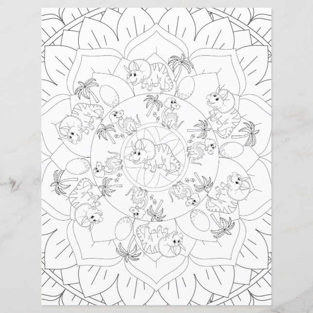 Dinosaur Mandala Fun Relaxing Kids Coloring Page (Front)
