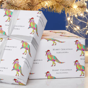 Dinosaur Merry Christmas Personalized Girl Name Wrapping Paper