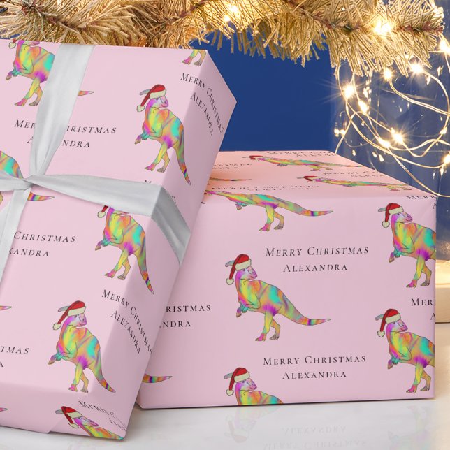 Dinosaur Merry Christmas Personalized Girl Name Wrapping Paper (Cute dinosaur Christmas personalized girls name pink festive gift wrapping paper Parasaurolophus )