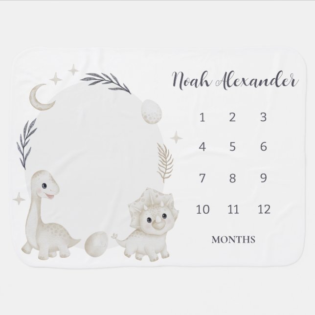Dinosaur Milestone Personalized Baby Blanket (Horizontal)