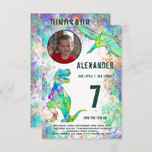 Dinosaur Modern Birthday Party Photo Invitation