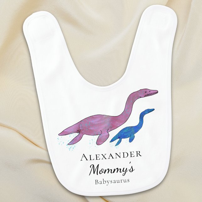 Dinosaur Mom and Baby Personalized  Bib (Dinosaur mom and baby dino plesiosaurus personalized name boy baby bib Watercolor pink and blue dino)