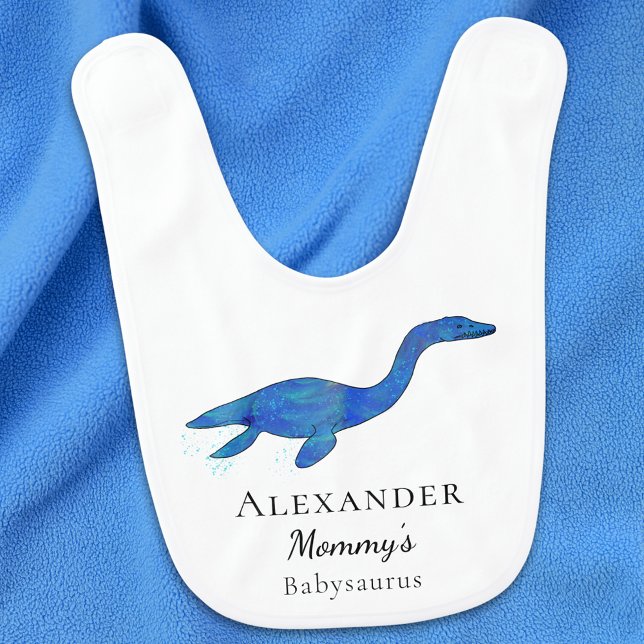 Dinosaur Mommy’s Babysaurus Personalized Baby Bib (Funny dinosaur mommy’s babysaurus personalized boys name baby bib name blue plesiosaurus watercolor )